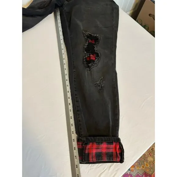 Judy Blue Womens 16W Black Plaid Patch Skinny Fit Biker Rocker Edgy Grunge Jeans - Picture 12 of 13